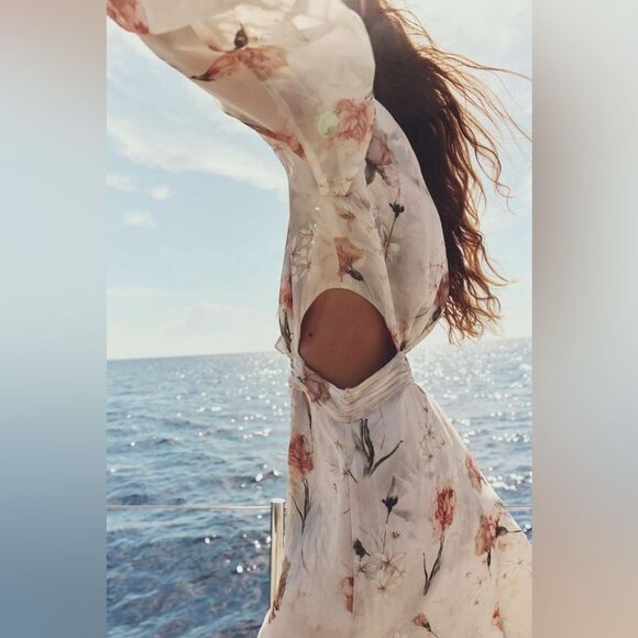 NWT Zara Ruffled Floral Cut Out Dress Size L - Picture 6 of 11